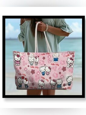 🆕 Hello Kitty Pink Pattern Tote with White Rope Handles